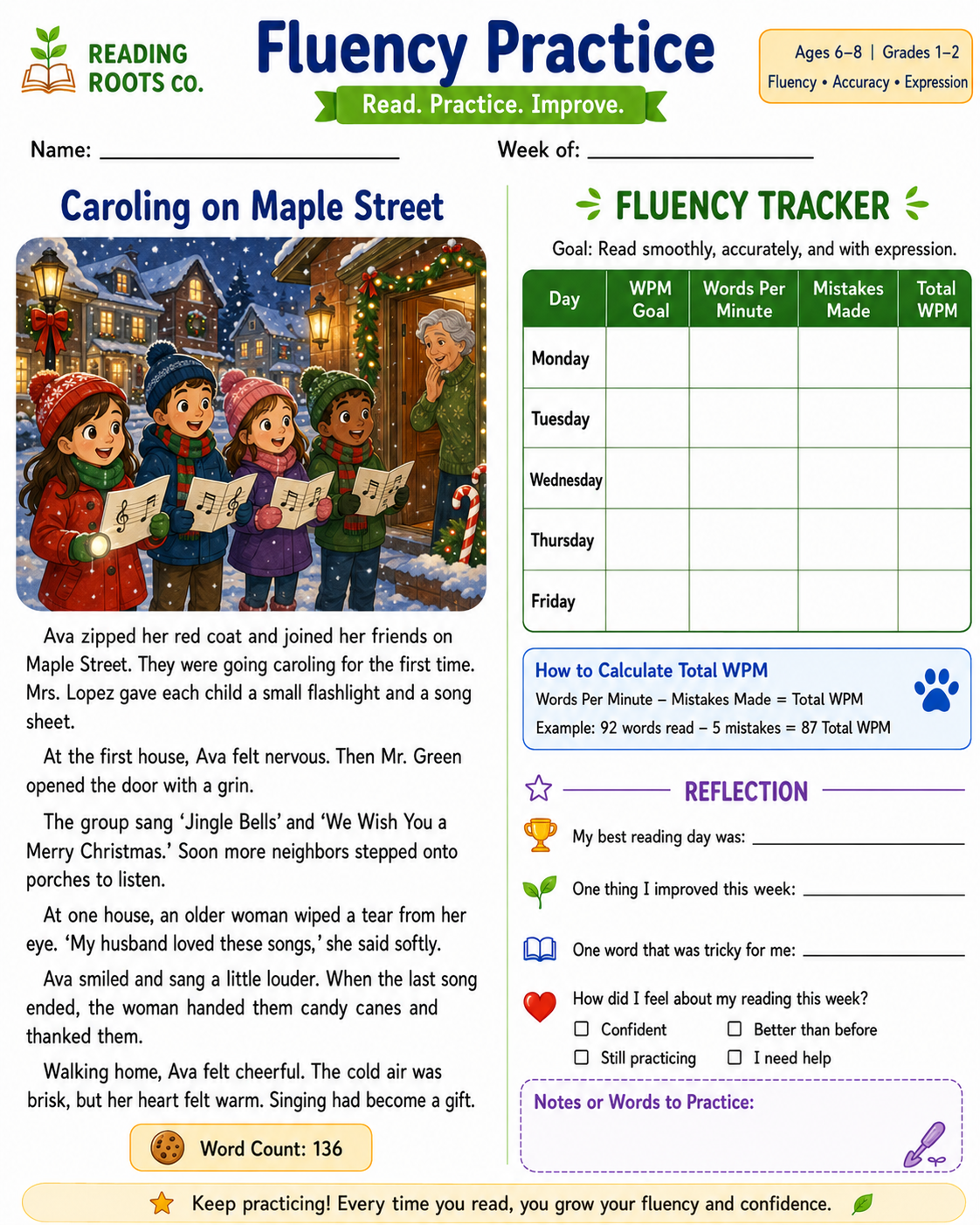 Fluency Worksheets Grade 1-2 Christmas Series