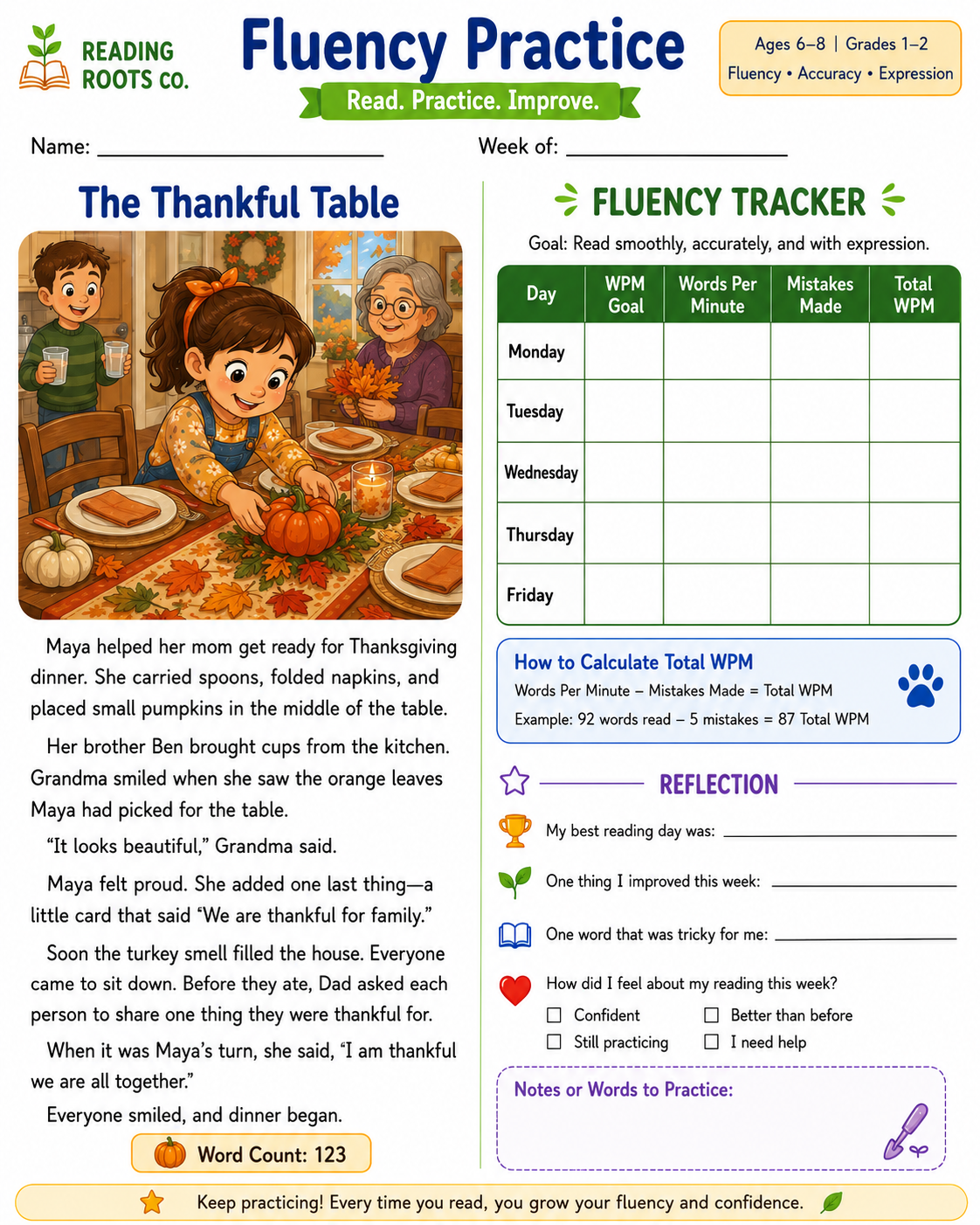 Fluency Worksheets Grade 1-2 Thanksgiving Series
