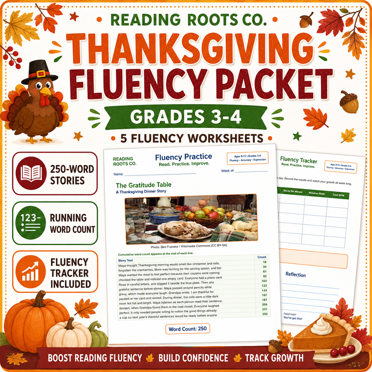 Fluency Worksheets Grades 3-4 Thanksgiving Series